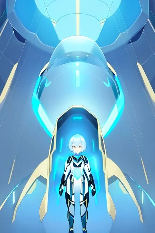 Young woman with golden eyes and light blue short hair, futuristic clothing