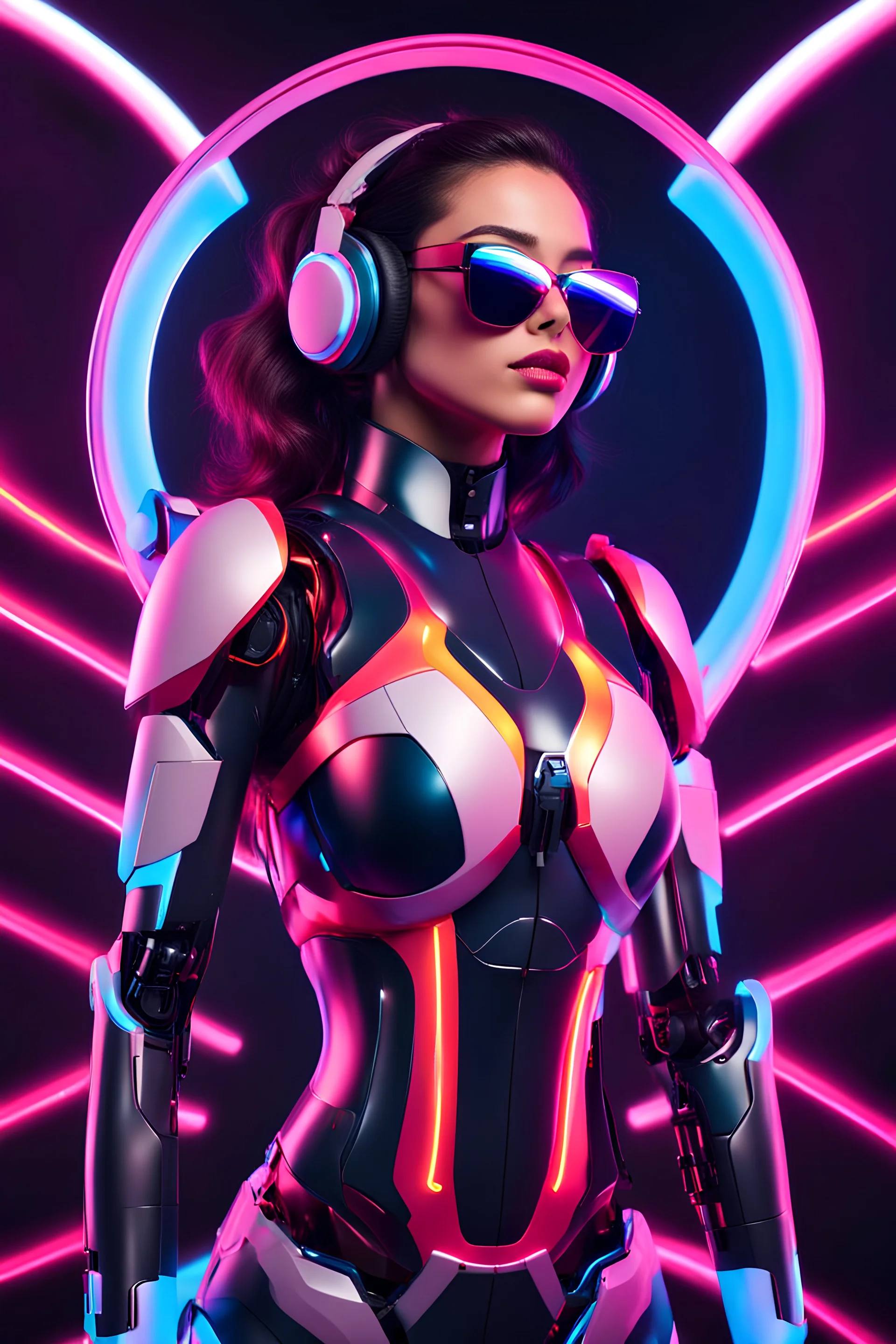 Beautiful woman robotic fullybody ,headphone with sunglasses colorsfull ,background neon light