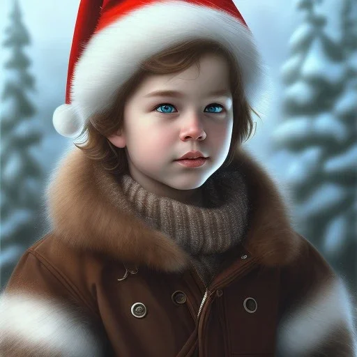 Portrait of boy child with brown hair and with cute face, north pole snowy vibe , perfect composition, hyperrealistic, super detailed, 8k, high quality, trending art, trending on artstation, sharp focus, studio photo, intricate details, highly detailed, by greg rutkowski