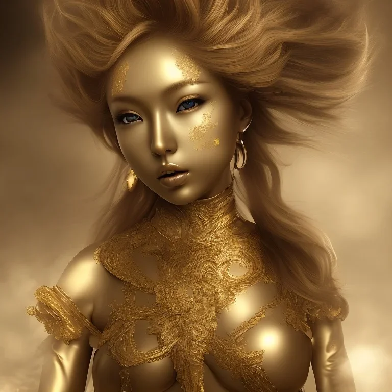 perfect face hitomi tanaka, golden statue, 8k, fog and smoke effect, chakra energy around HDR photograph