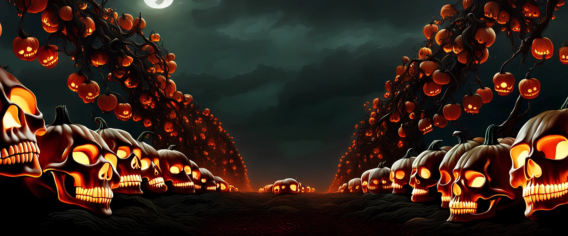 a highly detailed matte painting of a view of dozens of human skulls still attached to a vine in a large field, vines still connected like tendrils, designed to look like a pumpkin patch, painted orange, growing off of a vine of orange skulls, elegant atmosphere, glowing lights, highly detailed, concept art, smooth sharp focus, horrorcore, directed by Alfred Hitchcock, and drawn by H.R. Geiger