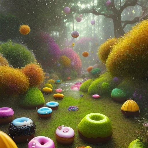 pixar style, volumetric summer garden environment and background, realistic painting of donuts rain, looking excited, volumetric lighting, dramatic lighting, detailed digital painting, extreme dense and fine fur, anime, ornate, colour-washed colors, elegant, small minutiae, tiny features, particulars, centered, smooth, sharp focus, renderman gofur render, 8k, uhd, detailed eyes, realistic shaded volumetric lighting, sunlight caustics, backlight, centered camera view