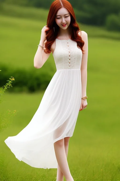 full shot body of Woman portrait with fairly pale skin , green eyes, long auburn hair, and wearing a pretty lace dress . Her outfit is a sexy dress , nice sport shoes. country side ,small lake with a hose in side,