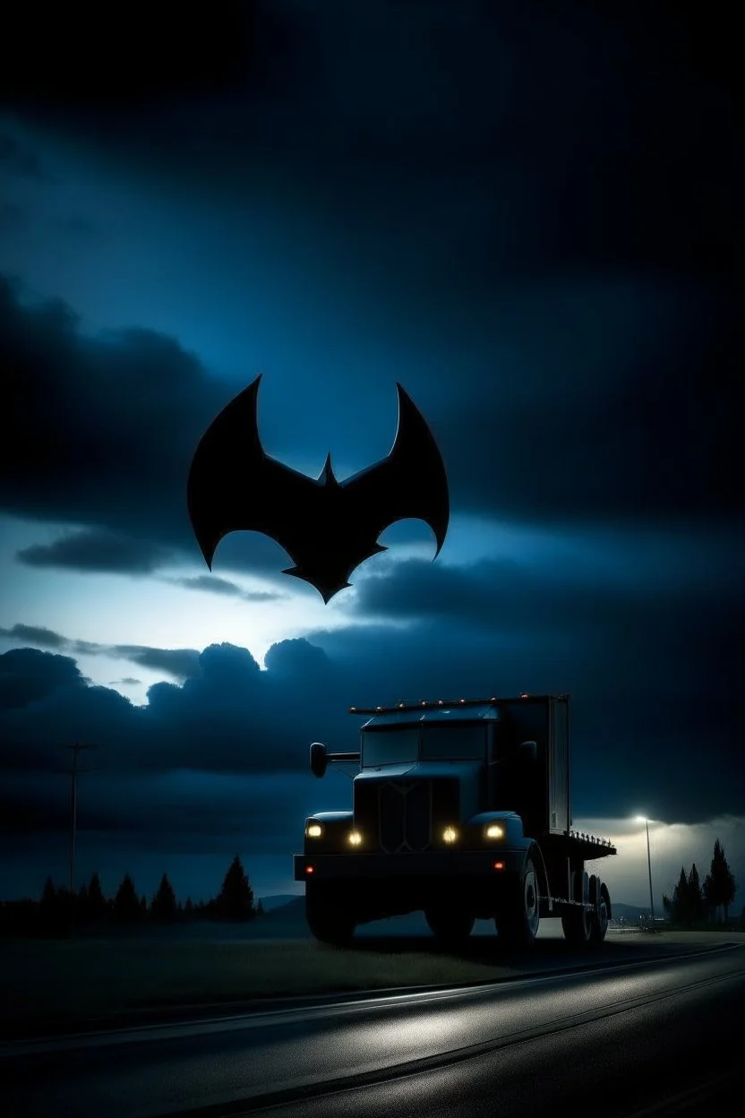 light sign on sky with the shape of a truck like a batman films