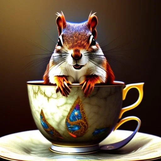 squirrel giving salute, drinking warm tea surfing waves on a teacup, fantasy art