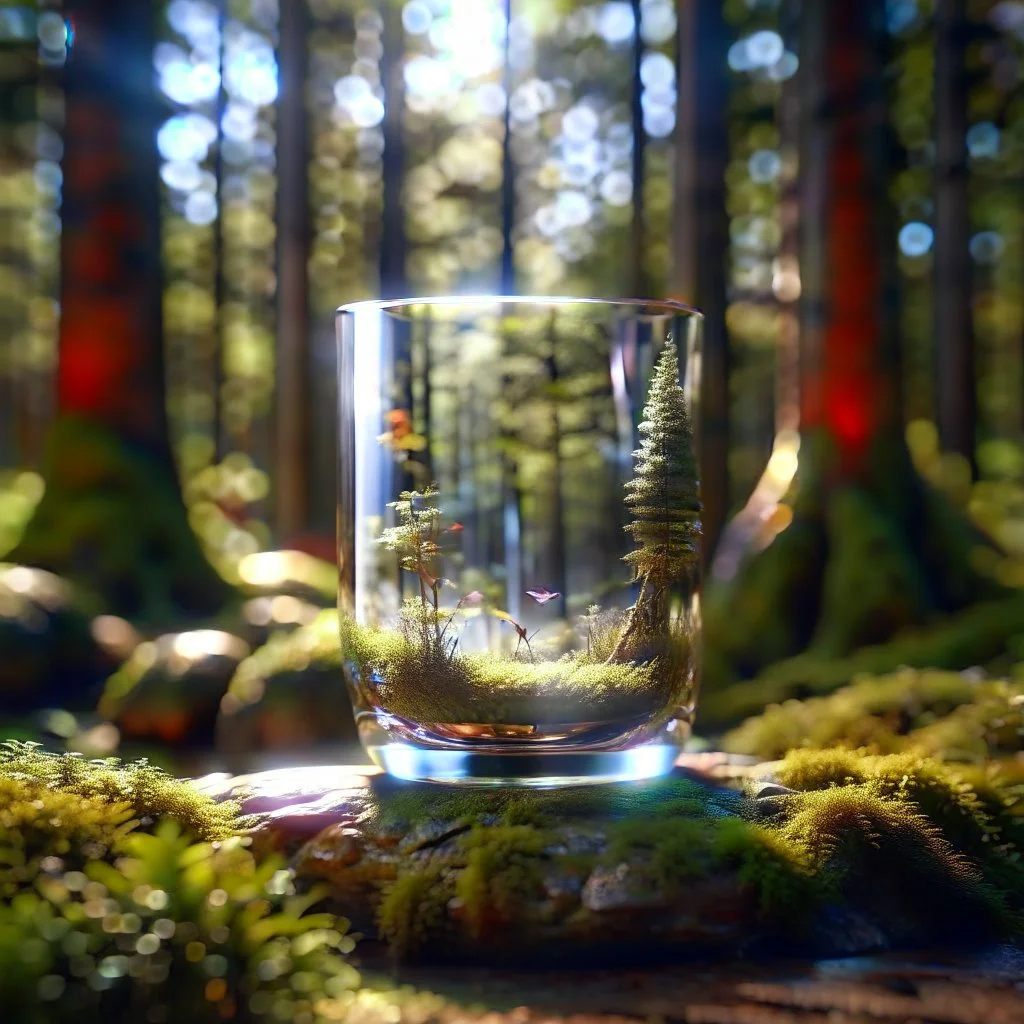 Create hyper-realistic photo of a glass tumbler in a wild forest. Inside, a miniature [Tehran] with landmarks. A trasparrent 3D text of [Tehran] blends naturally into the landscape . Soft bright daylight, reflections, and subtle imperfections like fingerprints. DSLR quality, sharp focus.