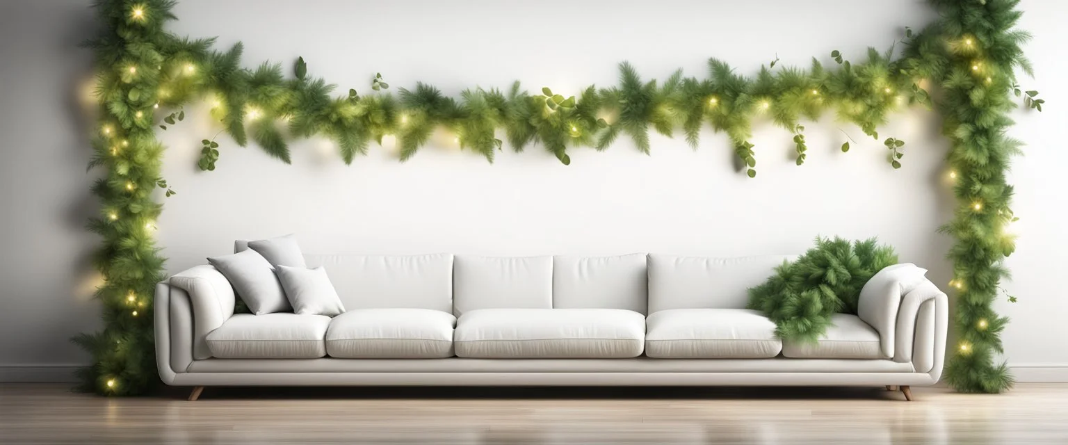 Hyper Realistic Green garlands on a rustic white lounge empty wall with vignette effect