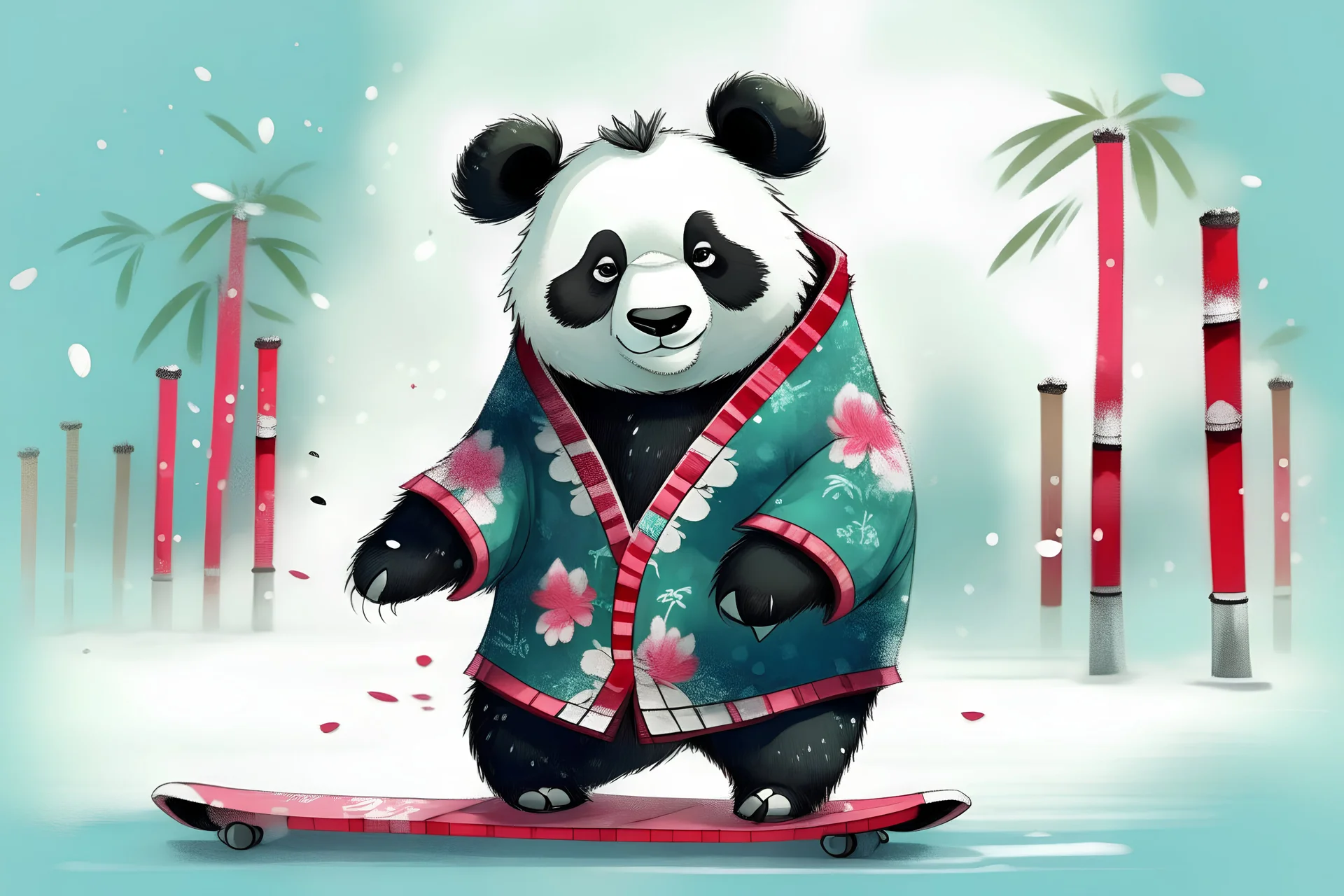 a panda in a kimono карате at the skating rink