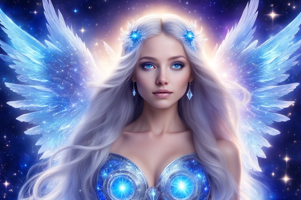 angel cosmic women with long hair, light eyes and blue brightnesstunic, with big crystal wings, in a background of stars and bright beam in the sky