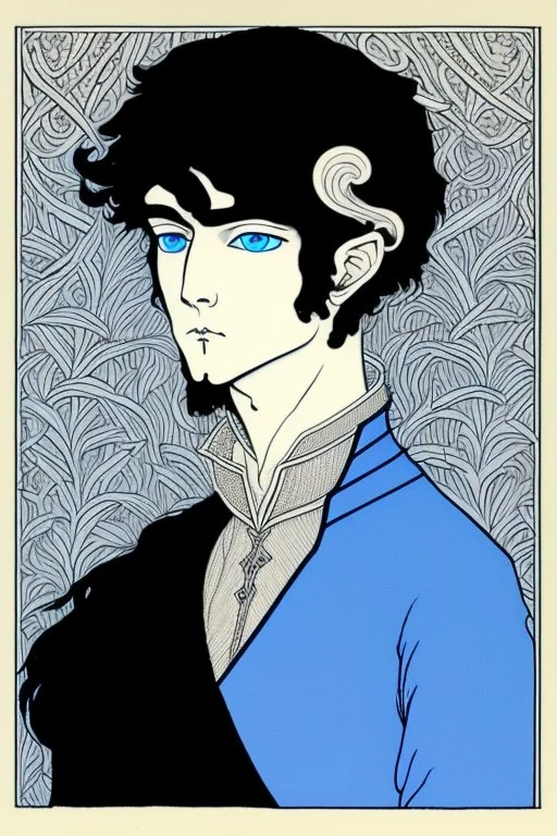 young black haired blue eyed wizard in the style of aubrey beardsley