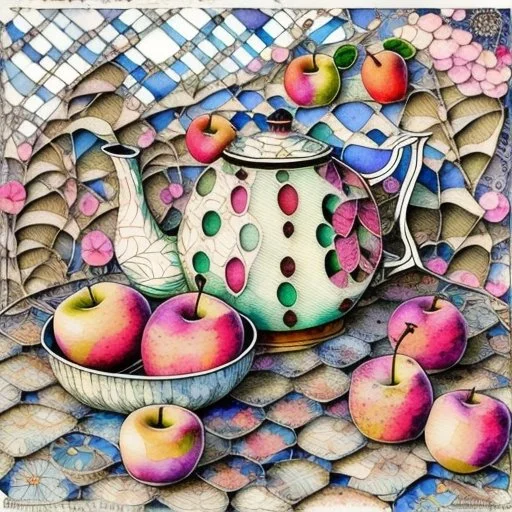 Watercolour and ink patchwork in the style of Jamie Heiden, Walter Crane, Yayoi Kusama, Ivan Shiskin, John Atkinson Grimshaw: zentangle cute whimsical watercolor Still life with apples on a porcelain plate and a teapot crisp quality, ultra detailed, elegant, fantastical, surreal, watercolor and pen, beautiful high definition fine 3D line art, white and grey and red dreamy colours, extremely detailed, intricate, elaborate, HDR, award winning, expressionism, fantastic view, ethereal, fantasy, unsi