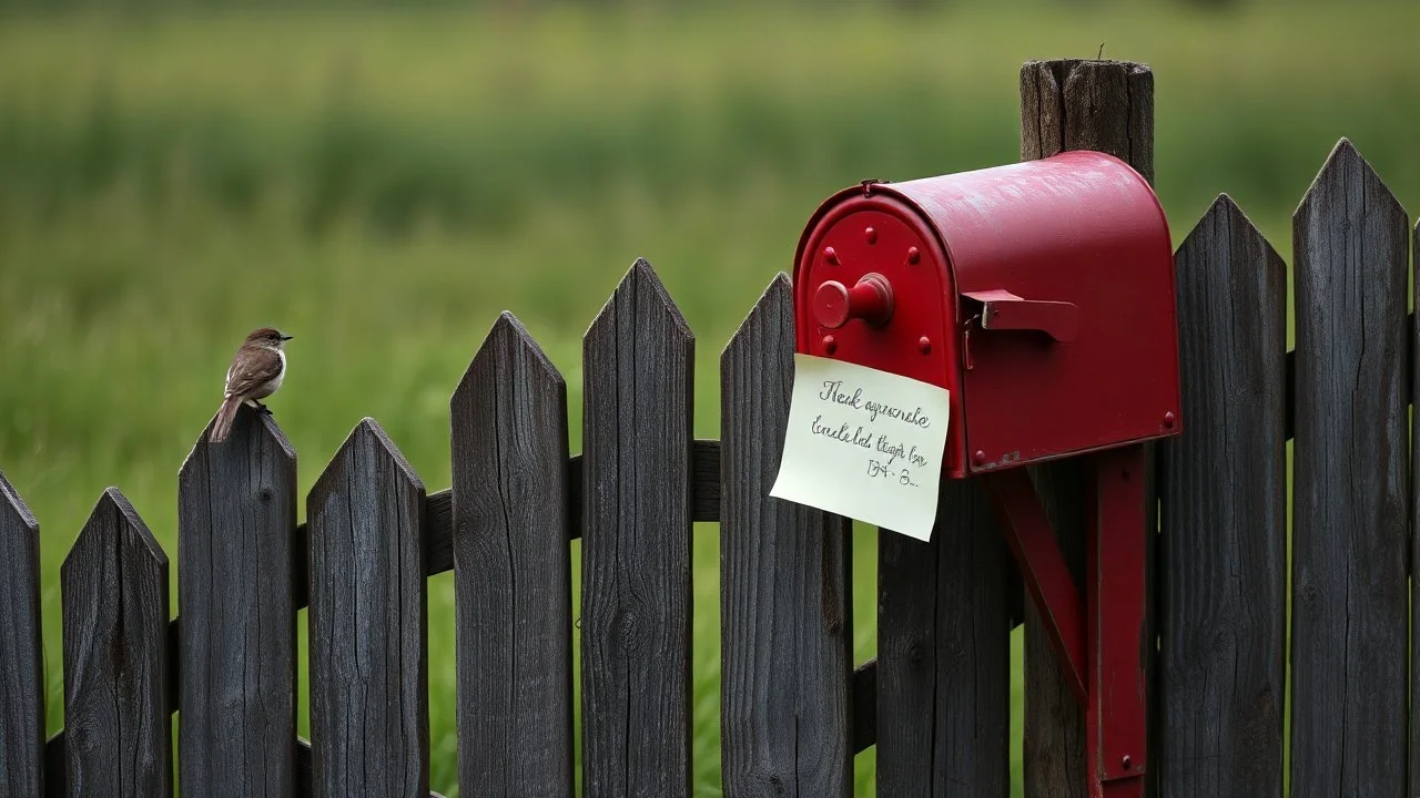 an old wooden fence with a little bird on it, a red old mailbox on the fence, a big note stuck on the mailbox