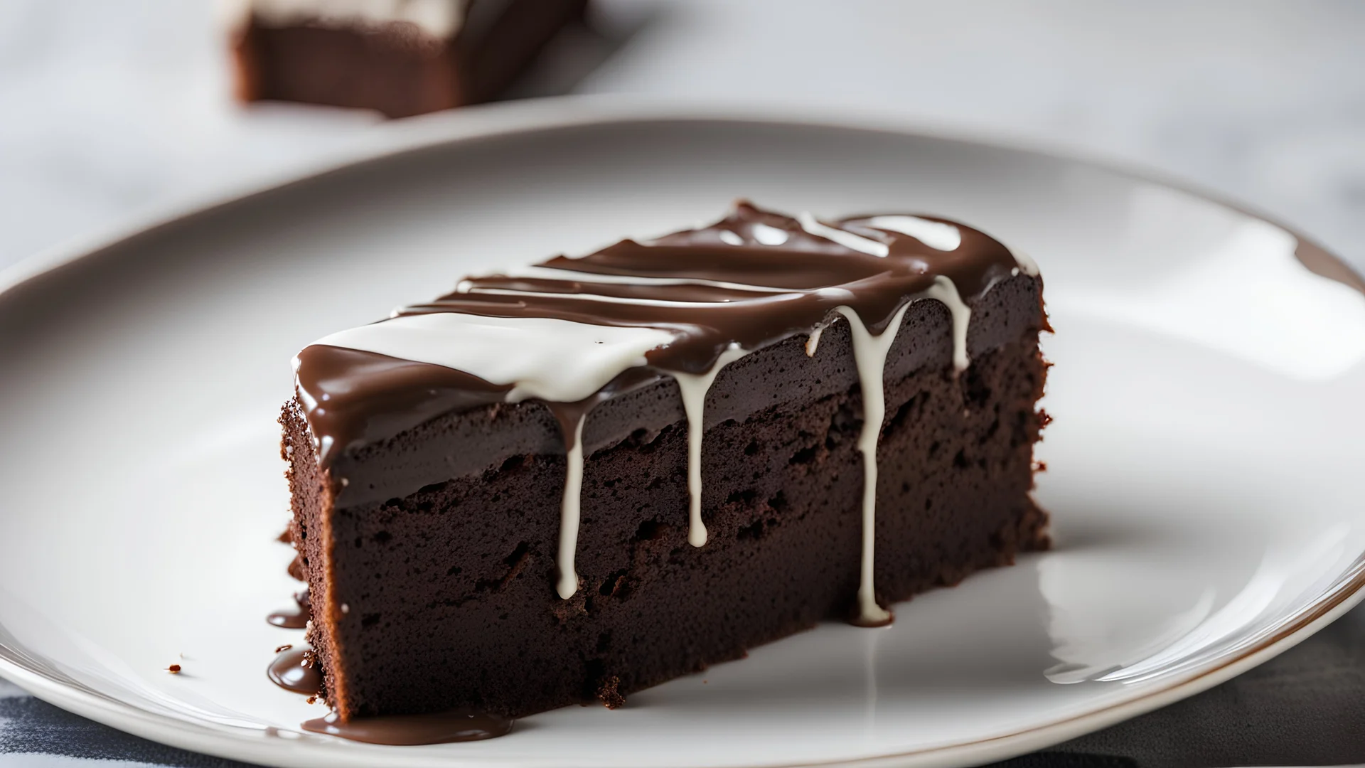 Slice of chocolate cake with glaze on a plate