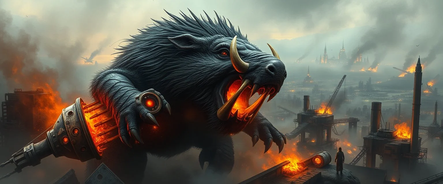 Massive boar-humanoid warlord devouring glowing alien machinery, burning cities in the distance, rusted sky, savage power, industrial jungle ruins, heavy fog, sci-fi fantasy poster, airbrushed brutalism