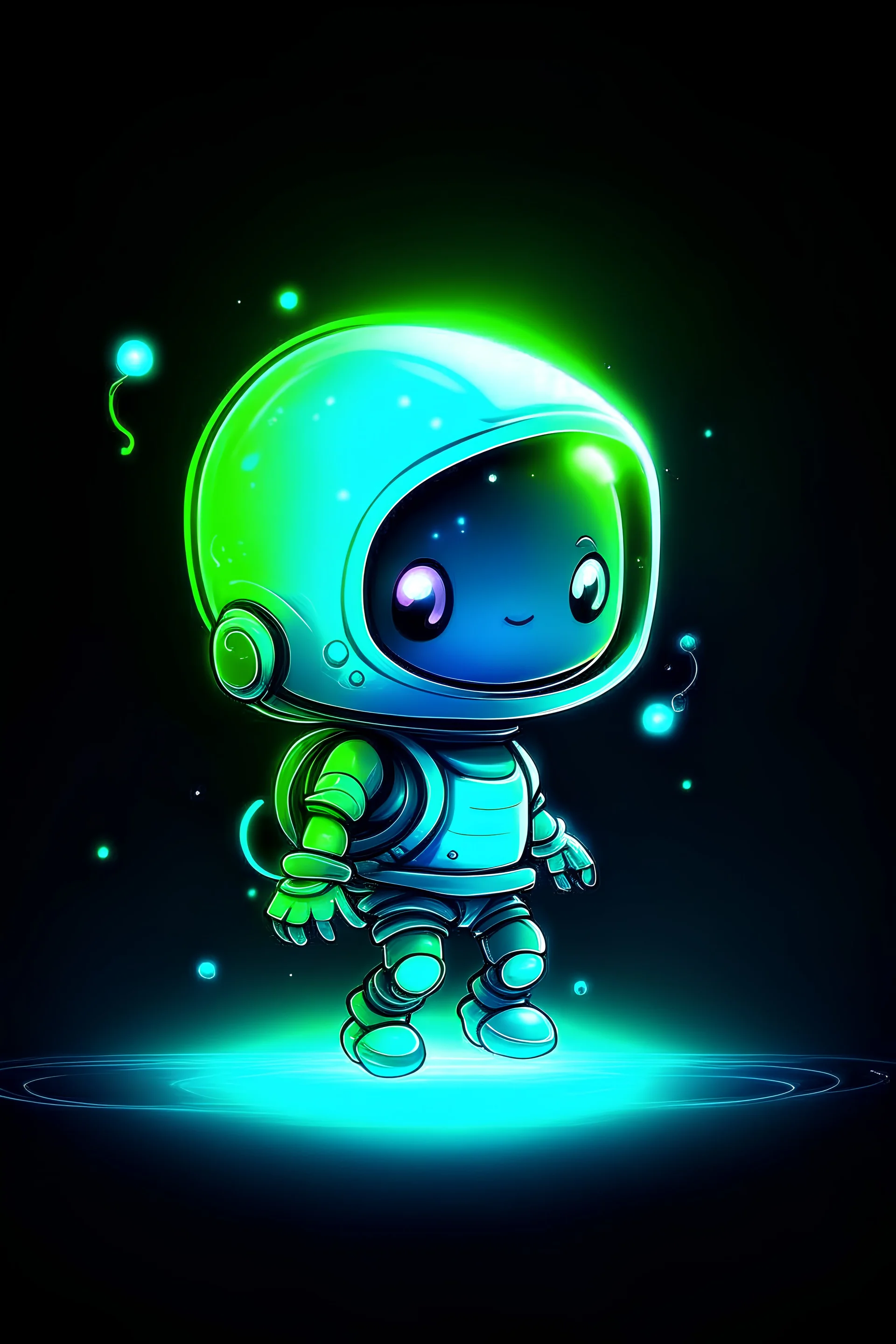 Cartoon space bioluminescent cute tiny neon chibi, macro art