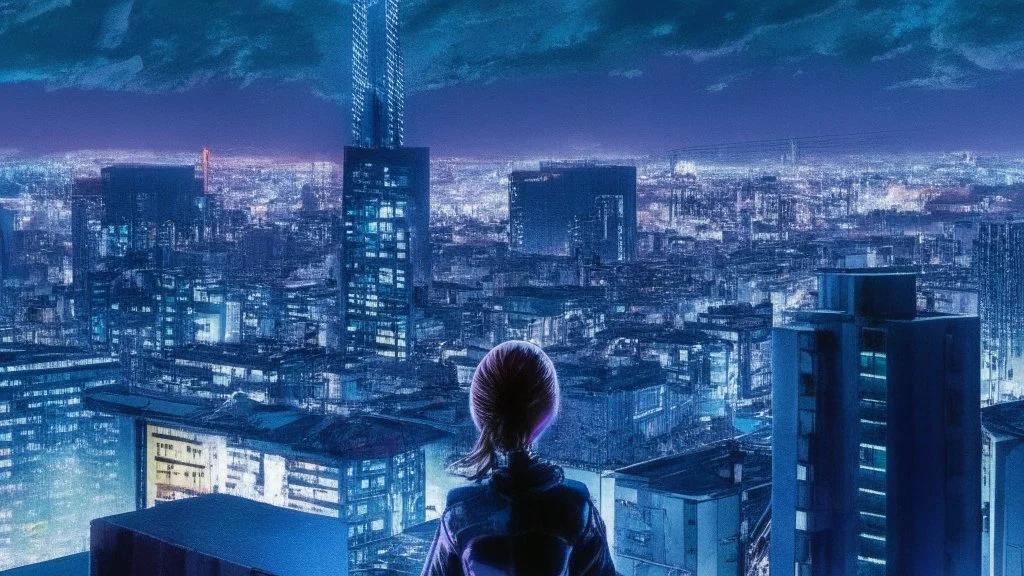 Clear Focus, High resolution, Beautiful girl standing backwards to a Cyberpunk skyline, comic style