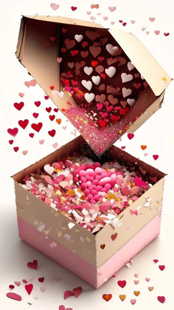 Open box stuffed with love letters, hearts, heart confetti, love explosion, very realistic, detailed, vibrant colors.