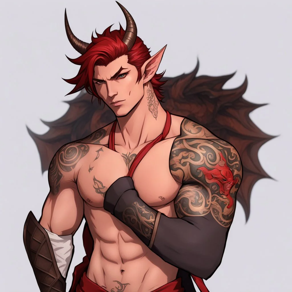 A Young Adult Male. A unique blend of Wood Elf and Red Tiefling features. His handsome face contrasts with the Yakuza dragon tattoos that completly cover his back, arms, and legs. He is wearing a torn coat. A physique that is strong and well-built, resembling a Fighter.