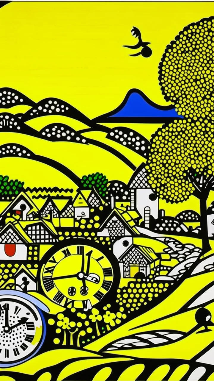 A golden yellow Japanese village with mystic clocks painted by Roy Lichtenstein