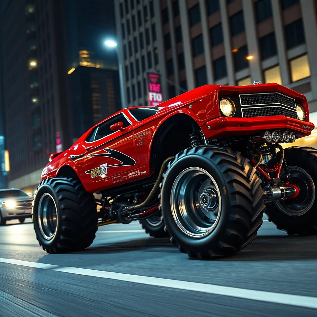 digital photograph, fantastical souped-up red futuristic muscle car with monster truck tires and futuristic silver hydraulics driving down a city street, car is shiny with aerodynamic features, black and gold detailing design, dramatic angle, nighttime, cinematic lighting,