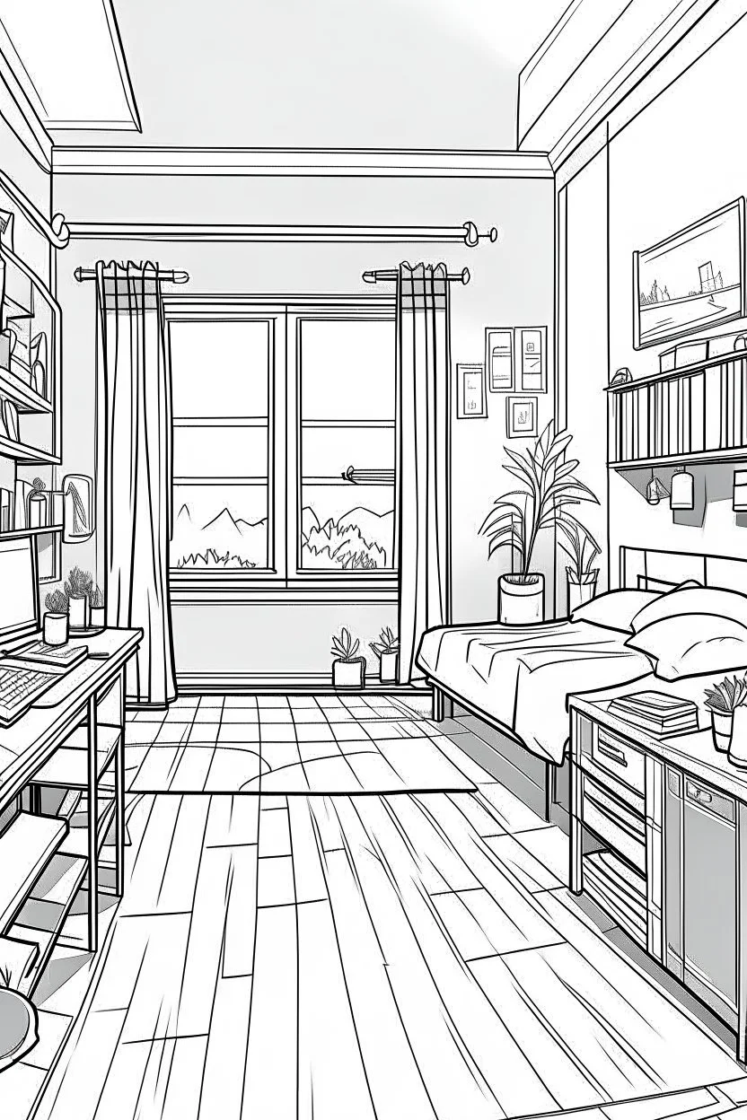 Outline art, house interior design, bedroom, no shading, no lines, cartoon style, --ar 9:11