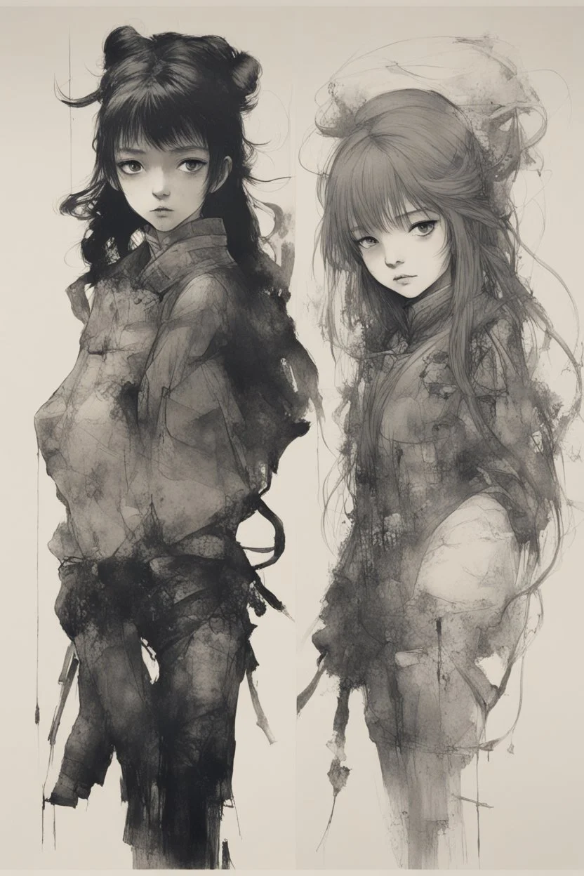 poster in two gradually, one girl illustration by <Yoji Shinkawa> and one girl illustration by <John Kenn Mortensen>,