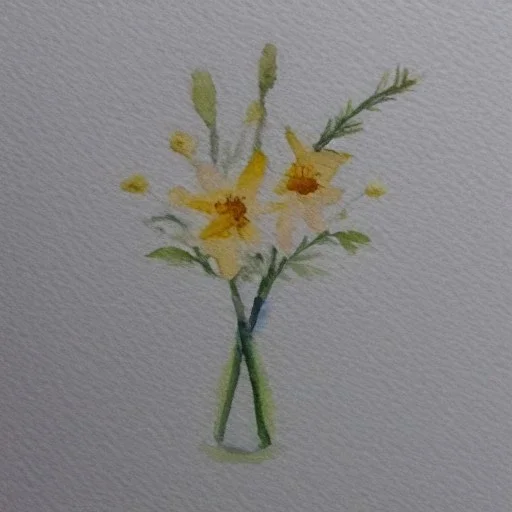 tiny watercolor of single long stem pressed flower, delicate arrangement, beautiful composition, etsy, aesthetic layout, white parchment