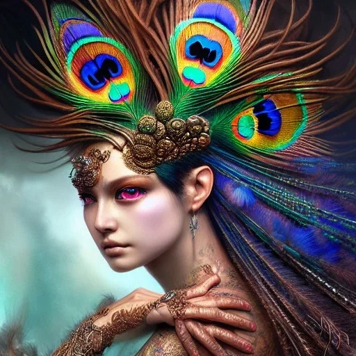 Insanely detailed photograph of an elaborate beautiful peacock goddess intricate glowing skin eyes intricate face hair lashes fur dress hyperdetailed painting by Anna Dittmann Huang Guangjian and Dan Witz CGSociety ZBrush Central fantasy art album cover art 4K 64 megapixels 8K resolution HDR Greek shiny space colours jewelry celestial hair eyes light"