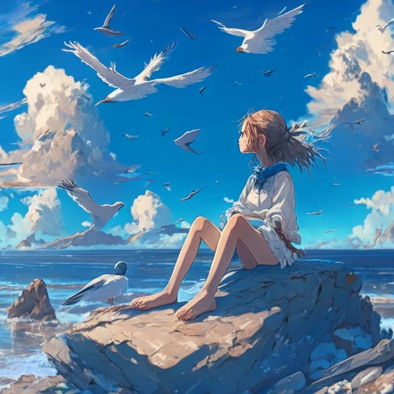 A girl is sitting on the edge of the rocks by the seashore and is meditating. The sky is blue with beautiful clouds and seagulls flying, digital art, anime, 4k, full details