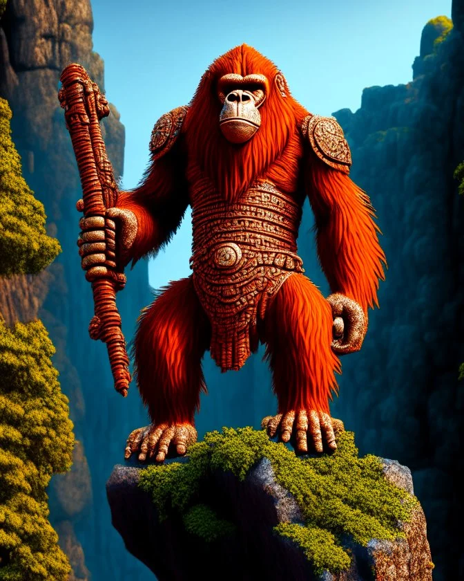 Orangutan Assassin Gothic symmetrical design standing on the edge of a cliff frontal view full body full arms full legs full head full pixel art hyper-detailed hyper-realistic full legs 8k