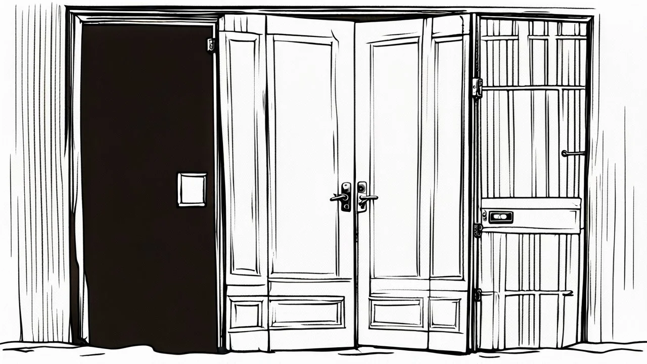 unhinged door, anime, monochrome, black background, ink, simple, maximum quality, broken hinge, barely functioning, why is it still being used it's a health hazard