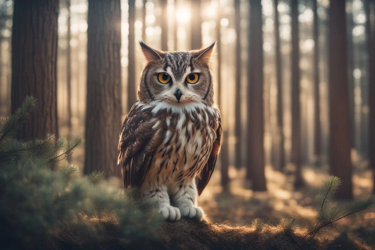 antropomorph cat owl in a pine forest in sunshine, ethereal, cinematic postprocessing