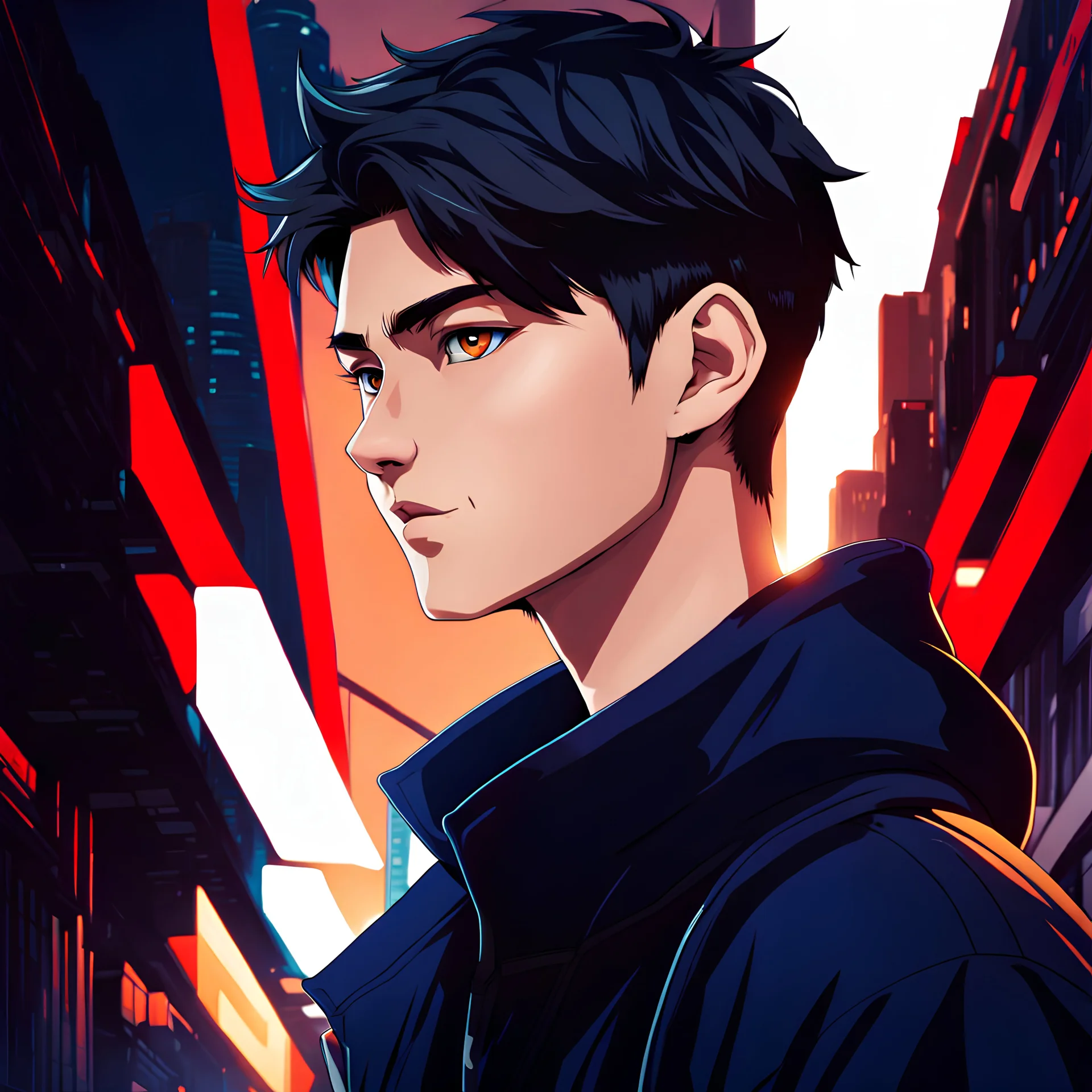 cartoon style,mysterious youthful Russan male, man, dark and intriguing, confident, intense, handsome, anime style, retroanime style, dark black very short hairs, dark brown eyes, smile, dark blue hoody, white man, cyberpunk background