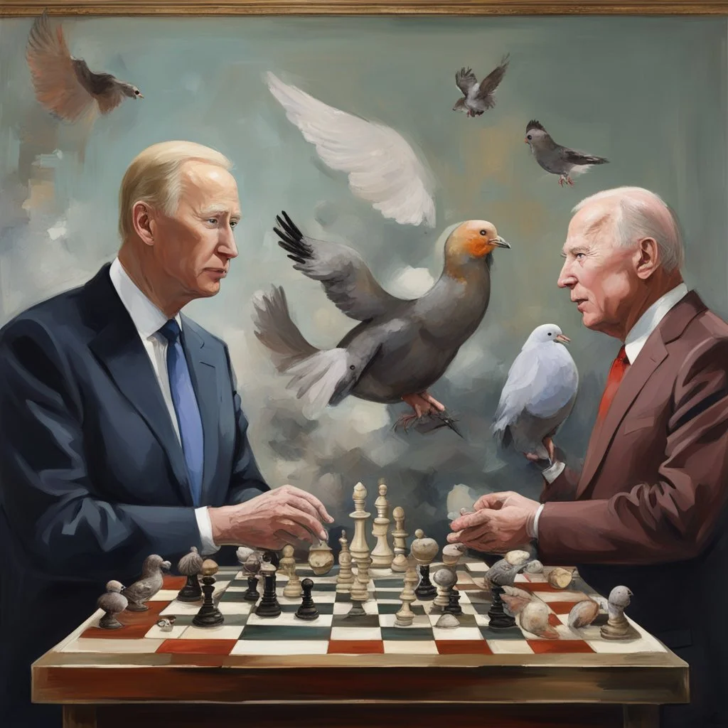 Putin, President Xi Of China And Joe Biden Play Chess With A Pigeon,Ufo And Atomic Bomb Mushroom Cloud,Complex Surgical Instruments, A Newborn Boy,Minimalist composition,Painting By Adrian Ghenie,Rene Magritte,Pablo Picasso,Michelangelo,Salvador Dali,Lucian Freud