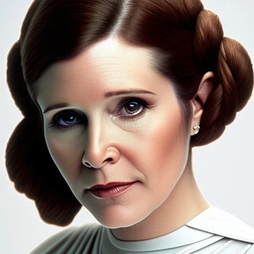 half-length portrait, three-quarter face pose of carrie fisher as Princess Leia with photo realistic fine and very simple short hair, entrancing deep brown eyes, eos5d mark 4, ef 85mm 5.6, Intricate, High Detail, Sharp focus, realism, beautiful and detailed lighting, by Annie Leibovitz