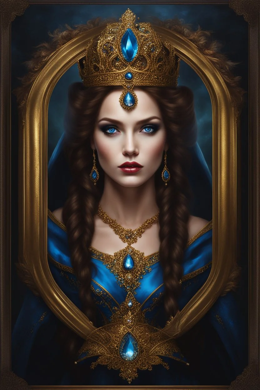 Gothic Gold framed painted portrait of a beautiful queen. Blue eyes, brown hair, dark fantasy