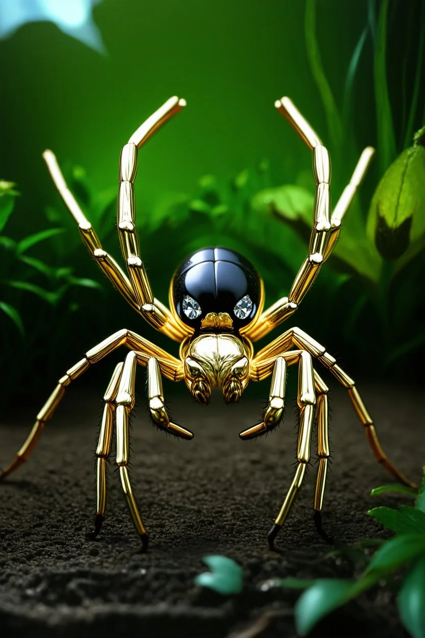 A solid gold Blackwidow spider, in a silky silver spider web, in a scary garden, with diamond eyes