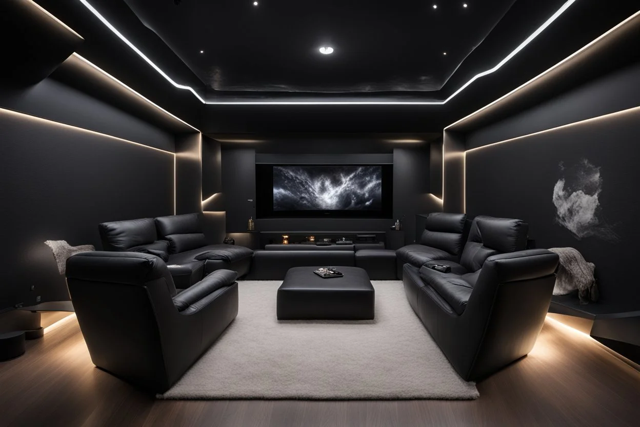 a black themed dedicated home cinema room with LED ambient lighting in the walls make sure the room is completely symmetrical