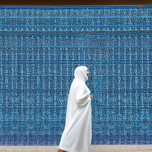 woman in flowing, white burka walking in front of a mosque with blue, green, gold mosaic walls, profile, panoramic, high-quality, fine-detail, intricate, ornate, volumetric lighting, 8k resolution, haunting, powerful, photo-realistic, 3d render, photo-quality, National Geographic photograph, Life magazine photograph