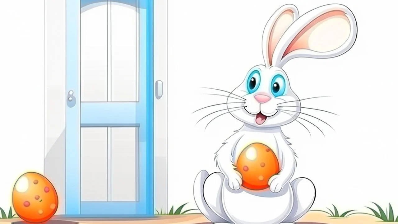 Fantasy cartoon illustration: Easter bunny in front of a white wall