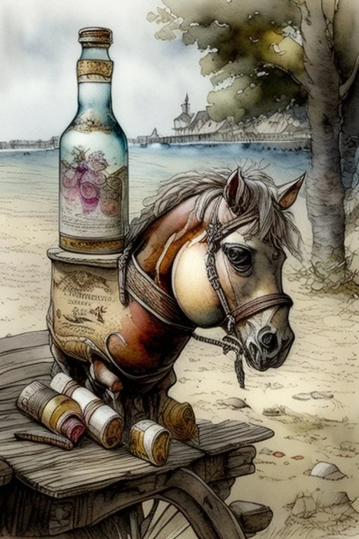 A rocking horse and bottled drinks by Jean-Baptiste Monge, watercolour and ink, extremely detailed, crisp quality, very attractive, fantastic view, award winning in sunshine