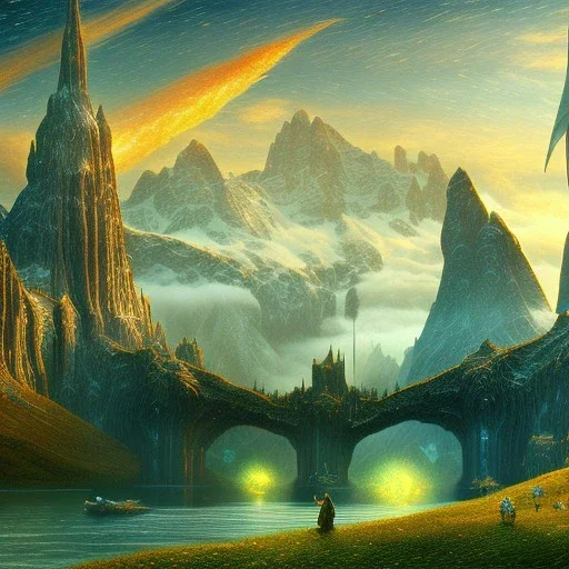 Epic Drawing of mordor scenery with great eagles of The Hobbit estilo Van Gogh 4k