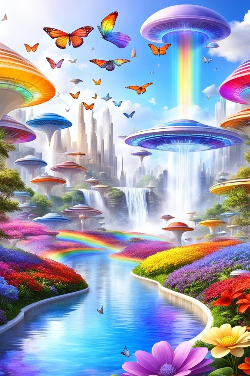 Brillants colors, very beautiful, flowers garden,rainbow, cité très futuriste ultra moderne, ufos rainbow, ufos fleet, intergalactic, birds, butterfly, cascades, waterfalls