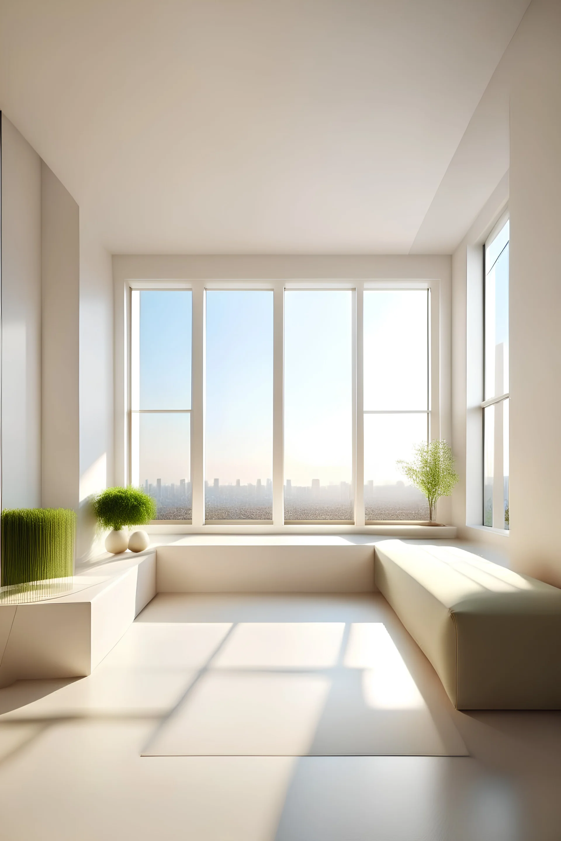 bright joga place with the view, colors on the picture agre beige and white, fancy, minimalistic
