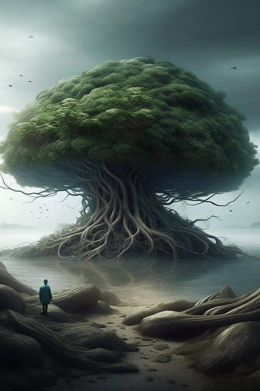 stark digital elements, creating surreal scenes that illustrate the impact of humankind on nature