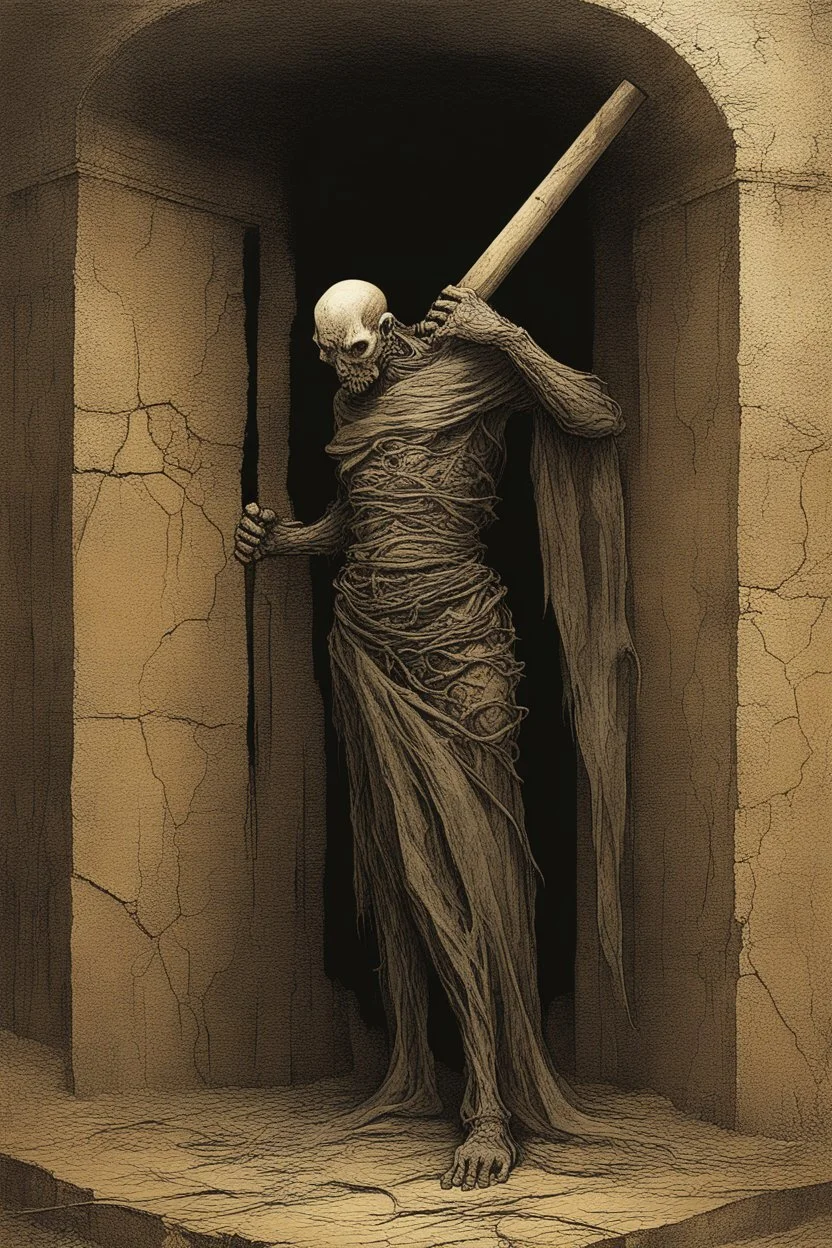 The full body of a man holding a bat , coming out a broken wall, decayed and rotting with grotesque proportions and imagery. surreal horror, biomechanical design, by hr giger and beksinski