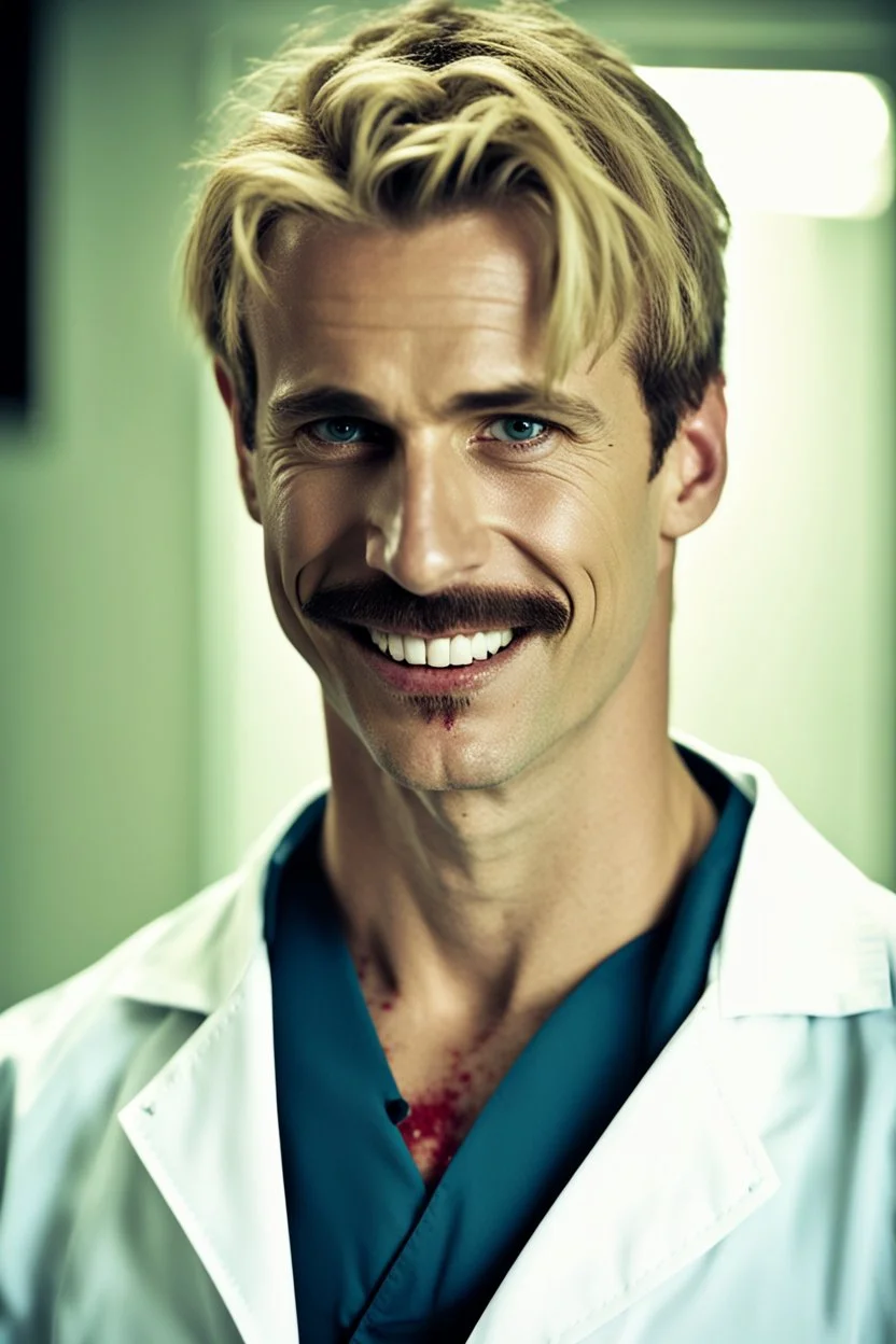 Mid-thirties, Caucasian male doctor, creepy smile, messy blonde hair, light-colored thick mustache, pale blue eyes, broad shoulders, muscular, six foot, Hawaiian shirt under white lab coat, bloodstains at the edges of the lab coat. Strong Jaw line, in a dark, shadowy room with tendrils of black reaching around him. photo realistic