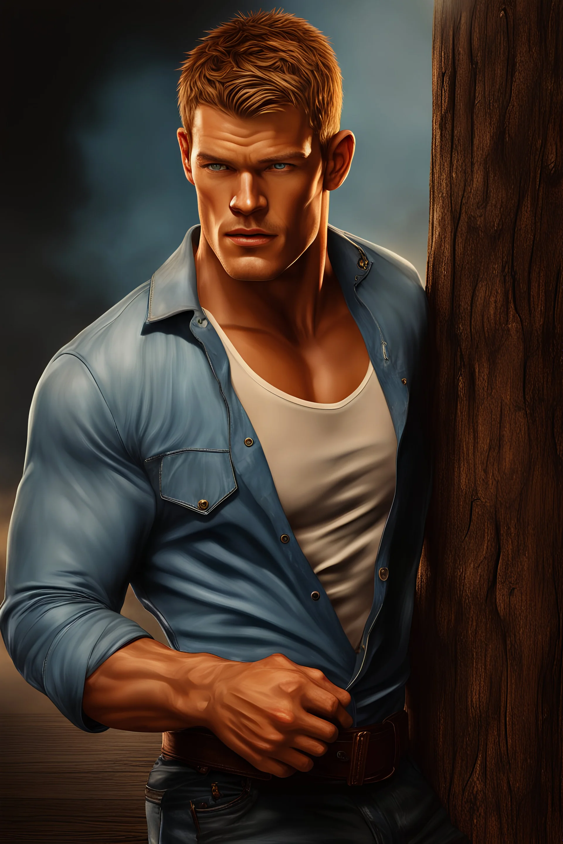 3D Portrait of Alan Ritchson as Jack Reacher, perfect body, perfect face, perfect eyes, dark hair, glamorous, gorgeous, delicate, romantic, realistic, romanticism, blue tones, Boris Vallejo - daylight Background - blue skies, sunlight - dark, wood panel wall in the background - fire, fog, mist, smoke