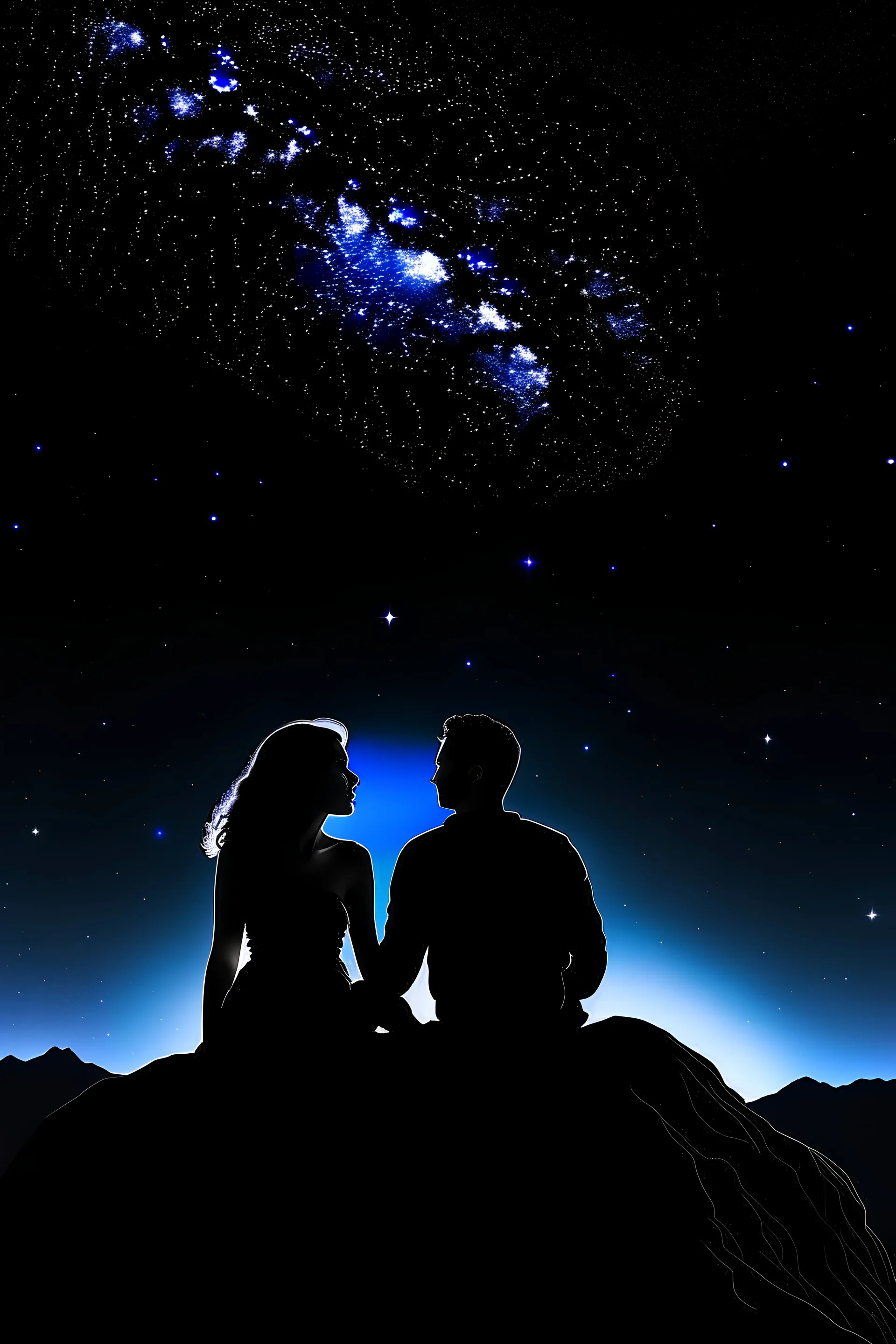 black background on a mountaintop with two silhouettes of a fit man and a silhouette of a fit woman sitting close to each other almost touching and looking at the stars