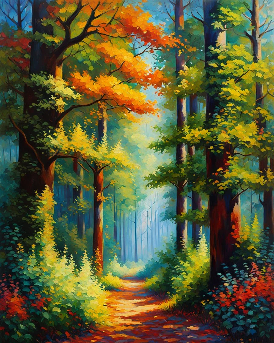 Bosque con árboles grandes, gruesos y frondosos, calidad ultra, hiperdetallado,12K, pintura arte baujaus impresionista maximalista, explosión de colores, increíble obra de arte